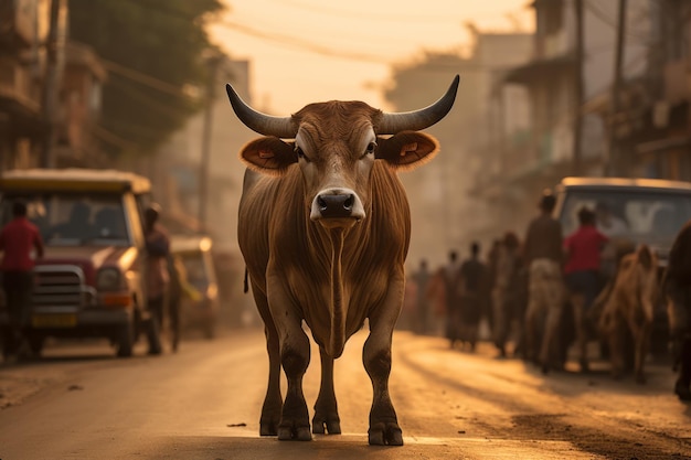 ein Stier, der eine Stadtstraße entlang läuft, mit Autos und Menschen im Hintergrund