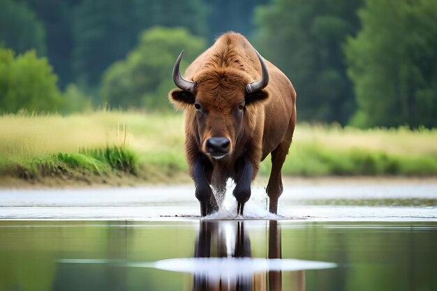 Ein Stier läuft im Wasser vor einem Wald.