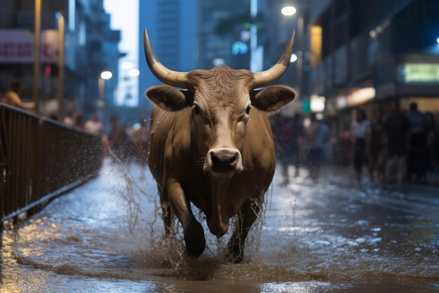 Ein Stier läuft nachts durch eine Stadtstraße