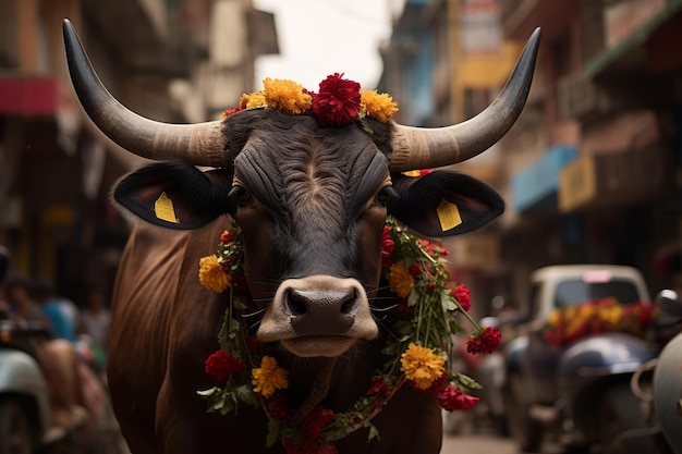 Ein Stier mit Blumen auf dem Kopf, der eine Straße entlang geht