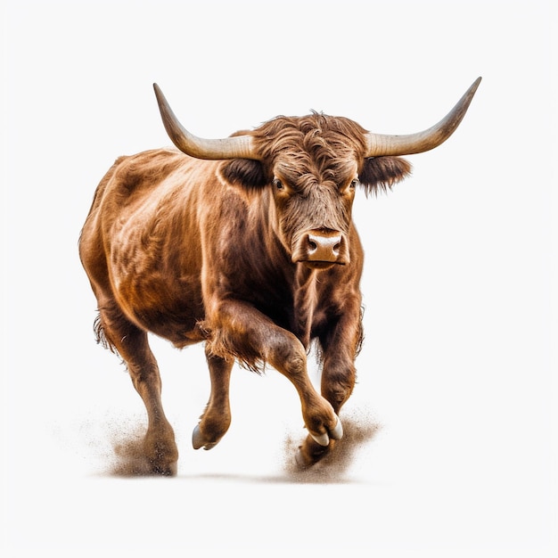 Ein Stier mit großen Hörnern rennt vor weißem Hintergrund.