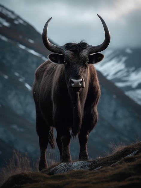 Ein Stier mit großen Hörnern steht auf einem generativen ai des Berges