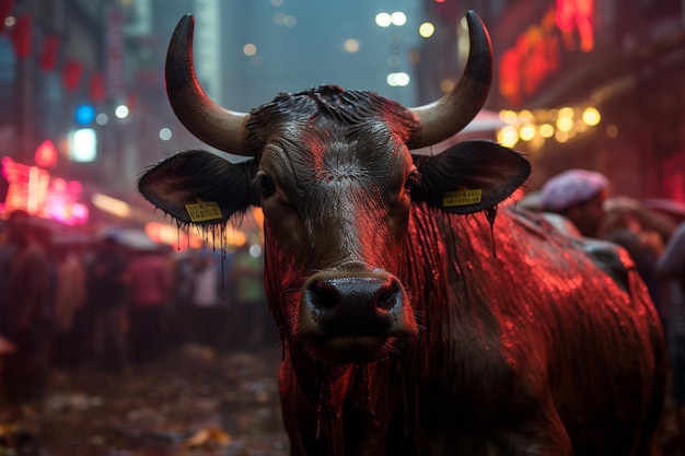 Ein Stier steht mitten auf einer überfüllten Straße