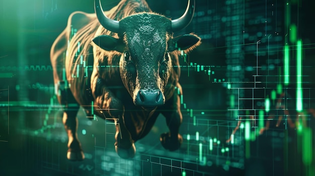 Ein Stier steht vor einer Wand mit Börsennummern, die den Handel an der Börse symbolisieren