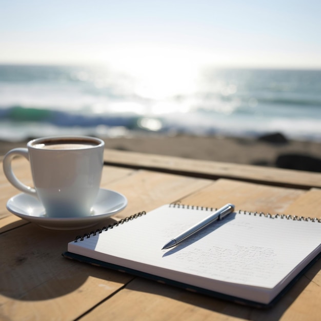 Ein Stift liegt auf einem Notizbuch neben einer Tasse Kaffee auf einem Holztisch.