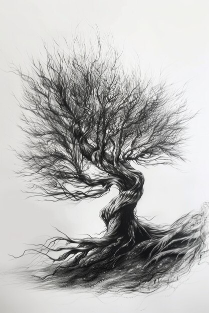 Ein stilisierter Baum, der mit schwarzem Bleistift auf einem weißen Hintergrund gezeichnet ist