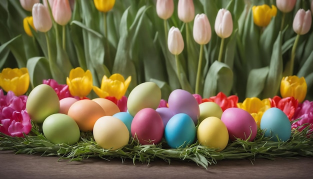 Ein Stillleben, das ein glückliches Ostern zu Hause mit Frühlingsblumen, Tulpen und farbenfrohen Eiern und einem Platz für Text darstellt