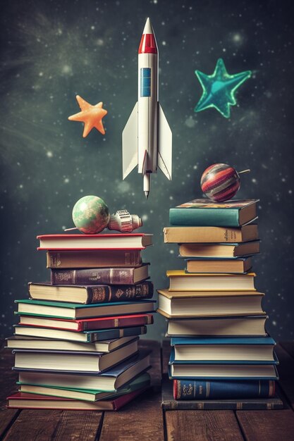 Ein Stillleben mit einem Stapel Bücher und einer Rakete auf dem Schreibtisch eines Kindes, generiert von KI