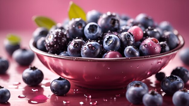 Ein Stillleben mit einer Glasschale mit frisch gepflückten Blaubeeren, die im Morgentau glitzern