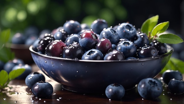 Ein Stillleben mit einer Glasschale mit frisch gepflückten Blaubeeren, die im Morgentau glitzern