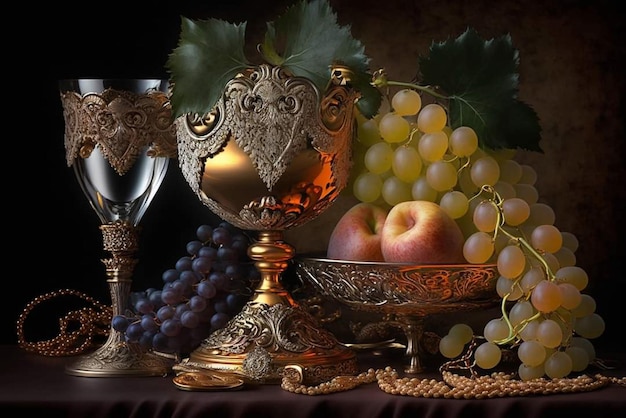 Ein Stillleben mit Weintrauben und einer Obstschale