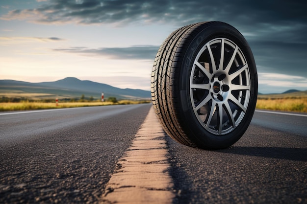 Ein stilvoller Autoreifen, der auf einer Straße positioniert ist