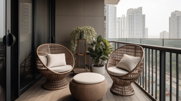 Ein stilvoller Balkonraum mit KI-generierten Designermöbeln