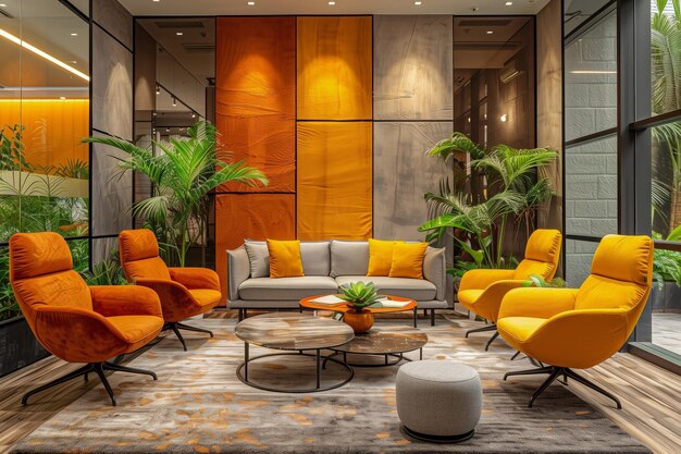 Ein stilvoller Coworking-Bereich mit luxuriösen orangefarbenen Sitzgelegenheiten und einem einladenden grauen Sofa gegen einen warmen Text