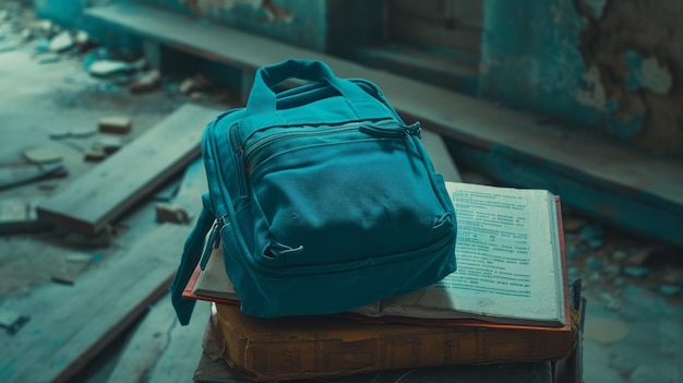 Ein stilvoller grauer Rucksack mit Reißverschluss und braunen Riemen, der ideal für die Schule oder Reisen auf einem dunklen türkisfarbenen Hintergrund auf einer Holzoberfläche befindet