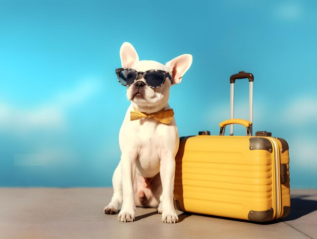 Ein stilvoller Hund mit Sonnenbrille und Fliege sitzt in den Sommerferien neben einem gelben Koffer. Erstellt mit Generativer KI-Technologie