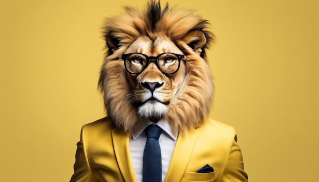 Ein stilvoller Löwe in Anzug und Brille auf gelbem Hintergrund