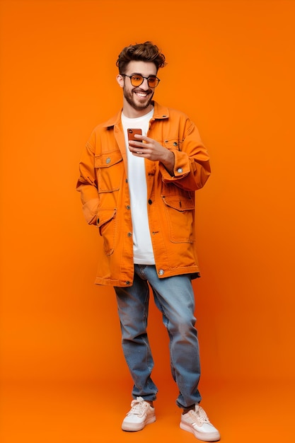 Ein stilvoller Mann in orangefarbener Jacke benutzt ein Smartphone, moderne Casual-Mode, ein fröhlicher Typ schreibt Textnachrichten mit einem lebendigen orangefarbenen Hintergrund, Mode- und Technologie-Konzept, KI.