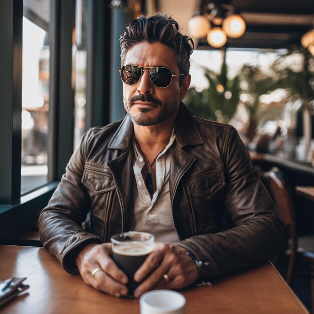 Ein stilvoller Mann mit Sonnenbrille sitzt in einem Café mit einer Kaffeetasse