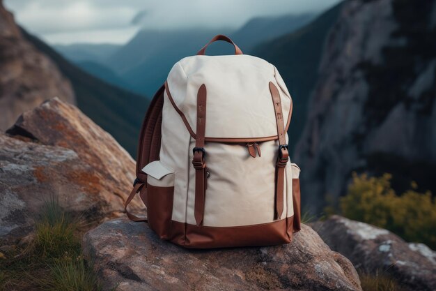 Foto ein stilvoller rucksack auf einem hintergrund von bergen touristenstoff grauer rucksacke auf großen steinen braun