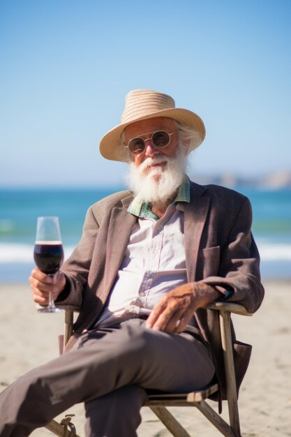 Ein stilvoller Seignon-Mann mit einem Glas Wein sitzt auf einem Stuhl am Sandstrand Generative KI