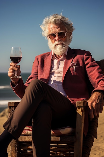 Ein stilvoller Seignon-Mann mit einem Glas Wein sitzt auf einem Stuhl am Sandstrand Generative KI