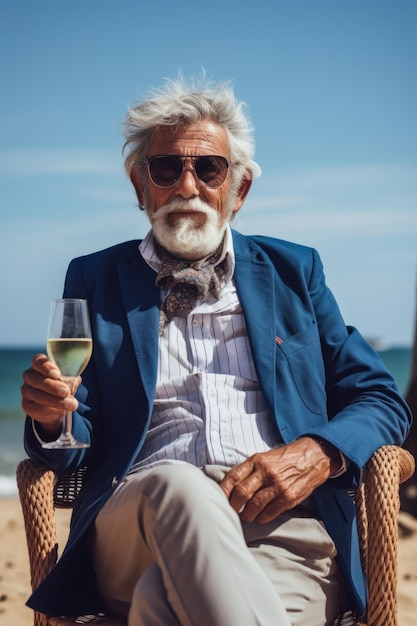 Ein stilvoller Seignon-Mann mit einem Glas Wein sitzt auf einem Stuhl am Sandstrand Generative KI