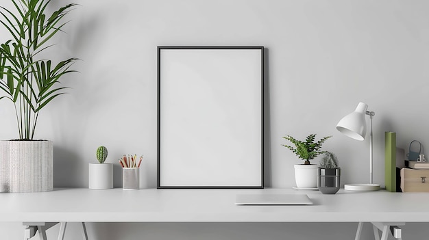 Ein stilvoller und minimaler Arbeitsbereich mit einem schwarzen Rahmen-Mockup perfekt für die Präsentation Ihrer Kunstwerke oder Fotografien