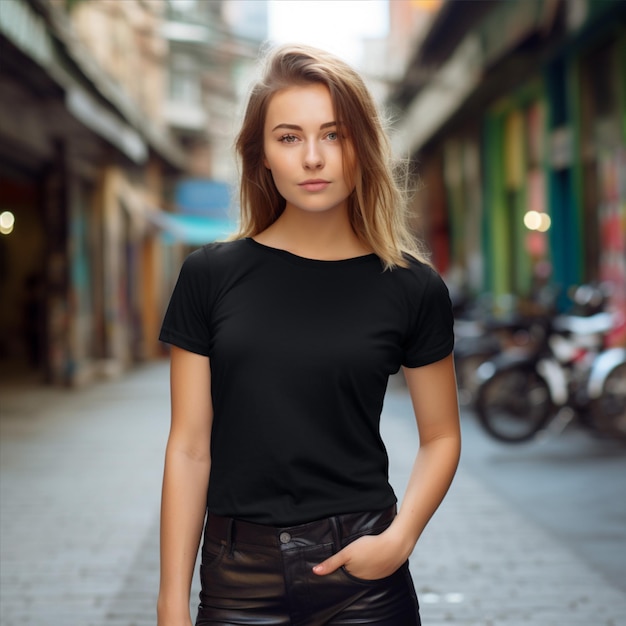 Ein stilvolles blondes Mädchen in einem schwarzen T-Shirt posiert gegen den urbanen Kleidungsstil der Straße