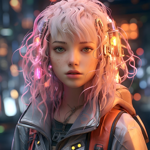 Ein stilvolles Mädchen mit rosa Haaren auf einem technischen Hintergrund