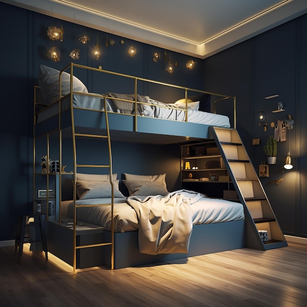 Ein stilvolles Schlafzimmer in 3D mit Eckbett und goldenen Nachtlichtern