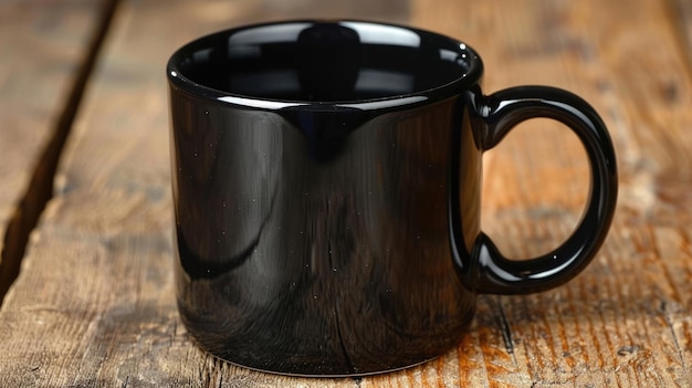 Ein stilvolles schwarzes Bechermodell auf einem rustikalen Holztisch Kaffee