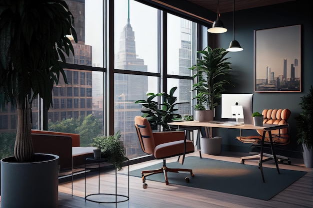 Ein stilvolles und modernes Büro mit Blick auf die Stadt und einer Vielzahl von Pflanzen