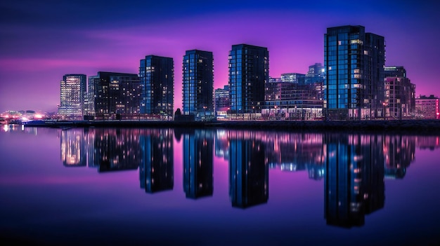 Ein stimmungsvolles Uferbild einer futuristischen Stadt, die mit erneuerbarer Energie betrieben wird, aufgenommen während der bezaubernden blauen Stunde