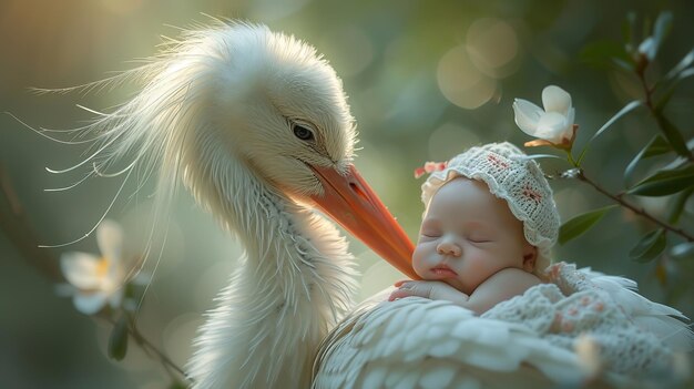 Ein Storch trägt ein neugeborenes Kind in Windeln in seinem Schnabel realistisches Bild natürlicher Stil wunderschönes Bild ar 169 stilisieren 750 v 6 Job ID 9eeb0809dc6b429ab7e7bff9ccf0a16d