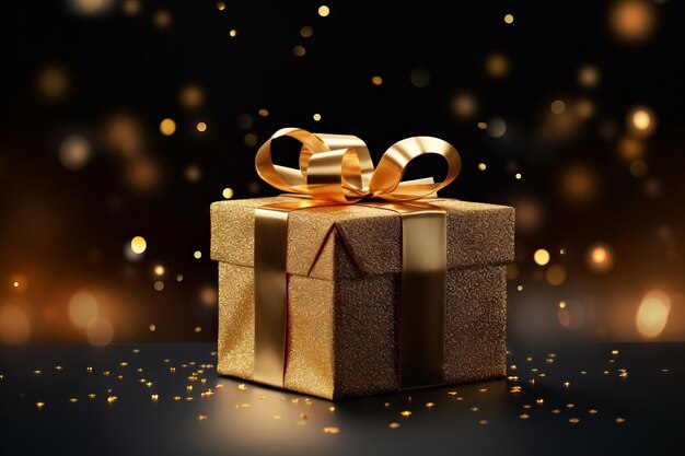 Ein strahlend goldenes Geschenkpaket, das Großzügigkeit und Freude vor einem dunklen Hintergrund mit generativer KI hervorruft