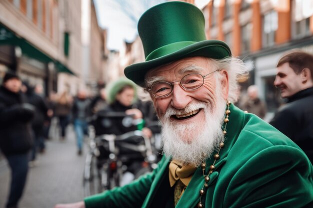 Ein strahlender älterer Mann in festlicher Leprechaun-Kleidung und einem Hut für den St. Patrick39s Day verleiht der Stadtstraße mit seinem ansteckenden Lächeln einen Hauch von Charme und Freude