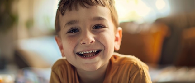 Ein strahlender Junge mit einem zähnigen Lächeln strahlt Freude in einem herzberuhigenden häuslichen Umfeld aus