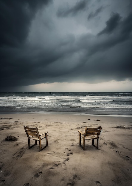 Ein Strand an der Ostsee, das Wetter ist sturmgrau und die Wellen sind hoch. KI-generiertes Bild