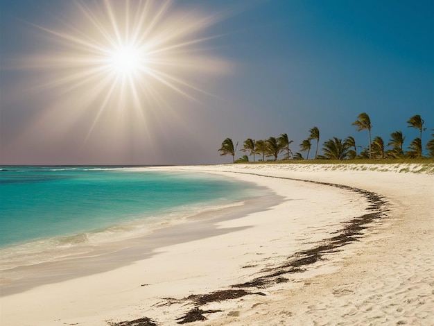 Foto ein strand, an dessen spitze die sonne scheint