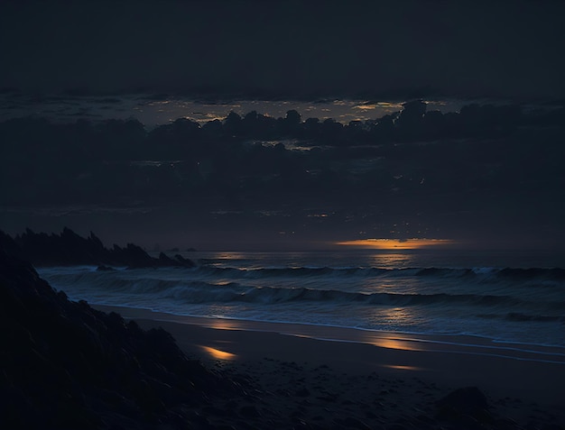 Ein Strand bei Nacht mit der untergehenden Sonne am Horizont.