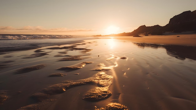 Ein Strand bei Sonnenuntergang mit der untergehenden Sonne dahinter