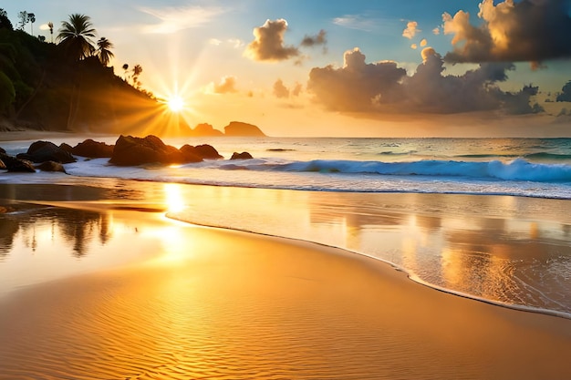 Ein Strand bei Sonnenuntergang mit der untergehenden Sonne dahinter