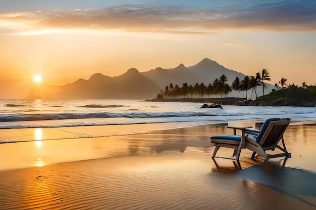 Ein Strand bei Sonnenuntergang mit einem Stuhl im Sand und Bergen im Hintergrund