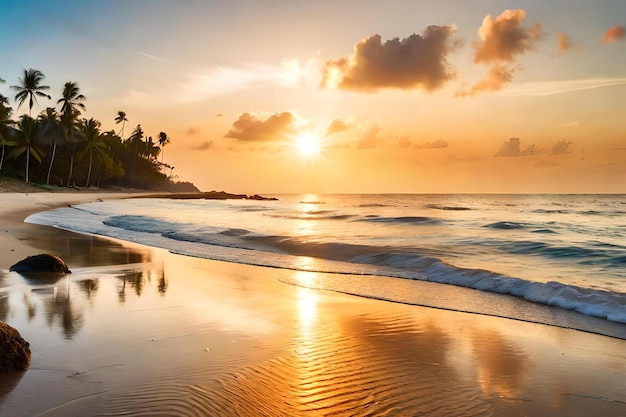 Ein Strand bei Sonnenuntergang mit einem tropischen Sonnenuntergang im Hintergrund