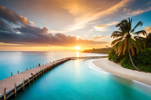 Ein Strand bei Sonnenuntergang mit einer Palme und einem Pier im Vordergrund
