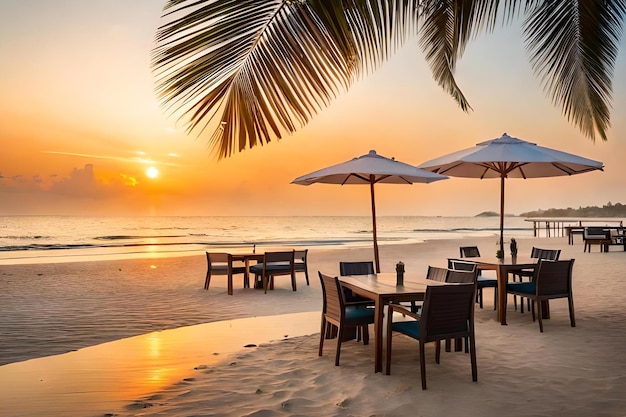 Ein Strand bei Sonnenuntergang mit einer Palme und Stühlen und einem Sonnenuntergang.