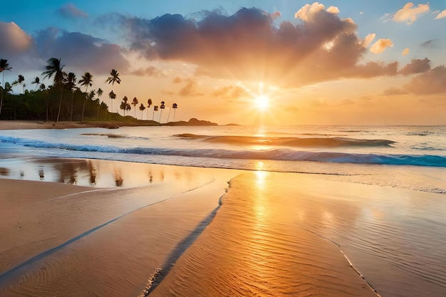 Ein Strand bei Sonnenuntergang mit Palmen im Sand