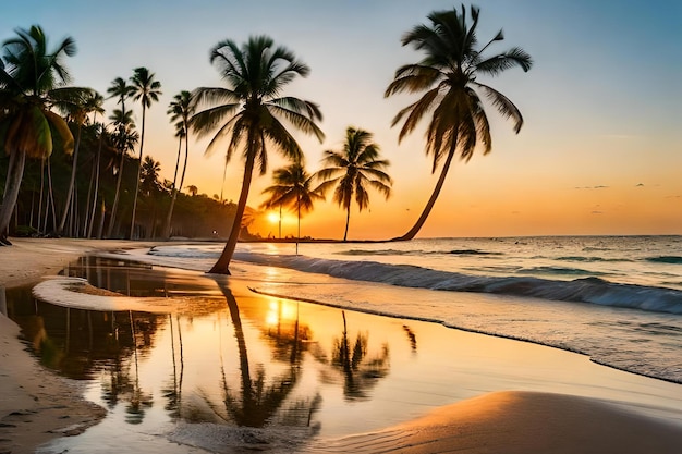 Ein Strand bei Sonnenuntergang mit Palmen im Vordergrund und der untergehenden Sonne dahinter.