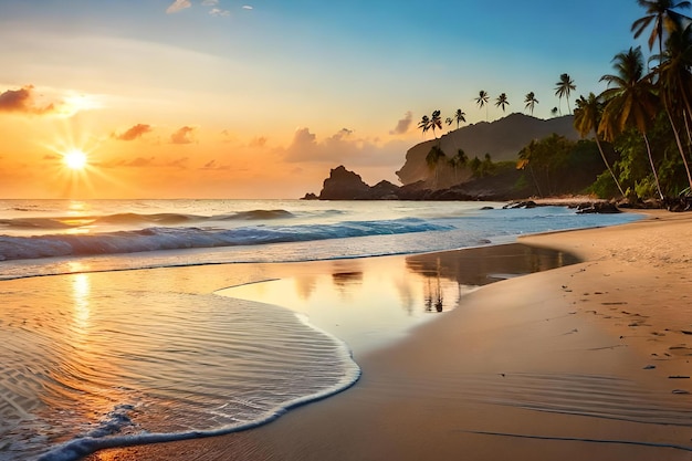 Ein Strand bei Sonnenuntergang mit Palmen im Vordergrund